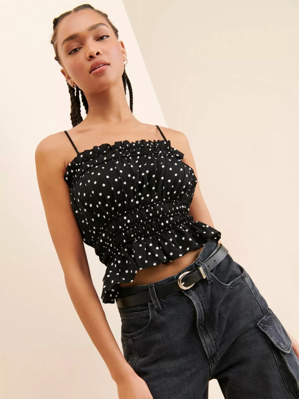 Line & Dot Black Polka Dot Smocked Ruffle Cami